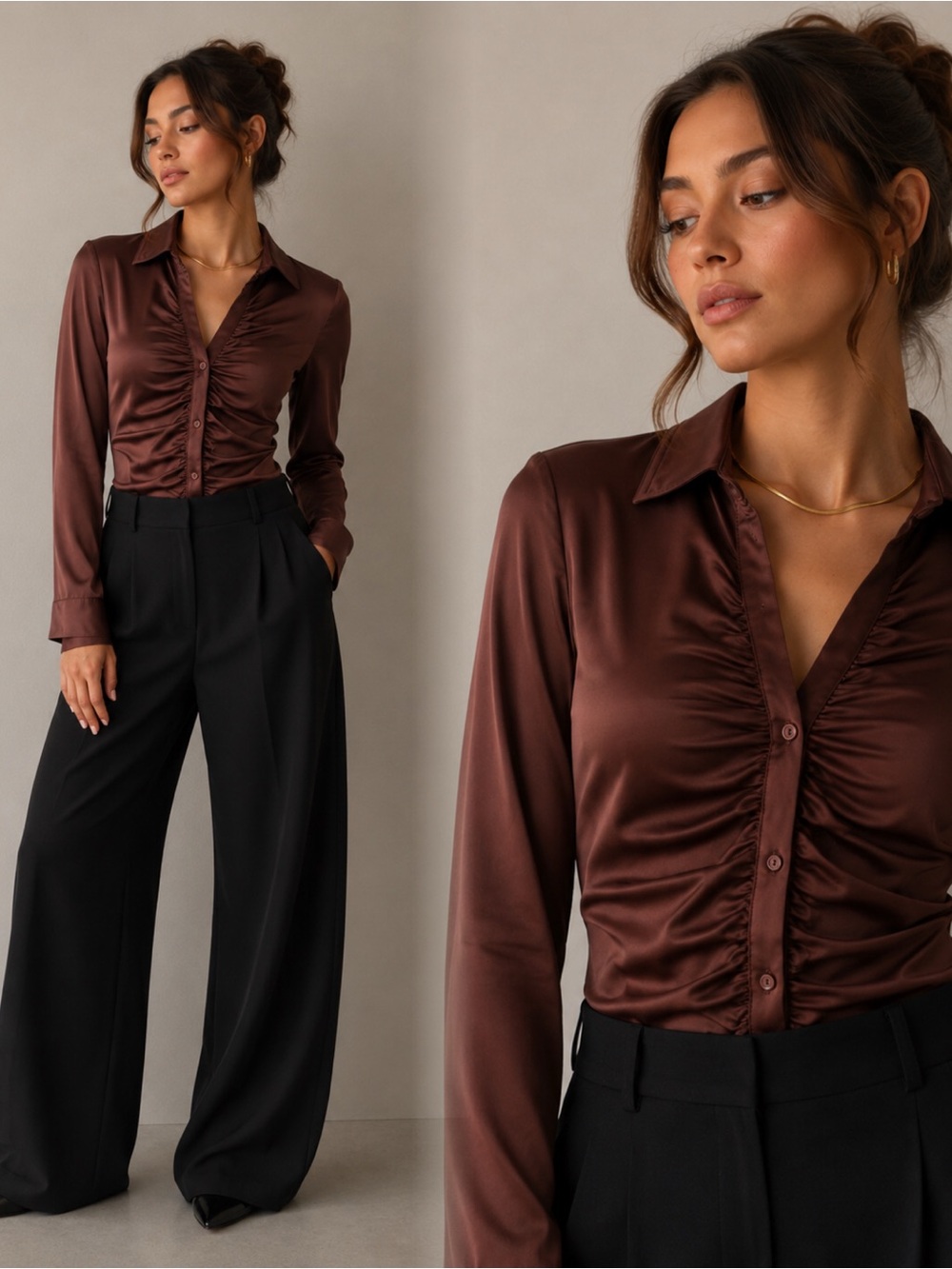 Timing Brown Ruched Satin Button-Down Shirt